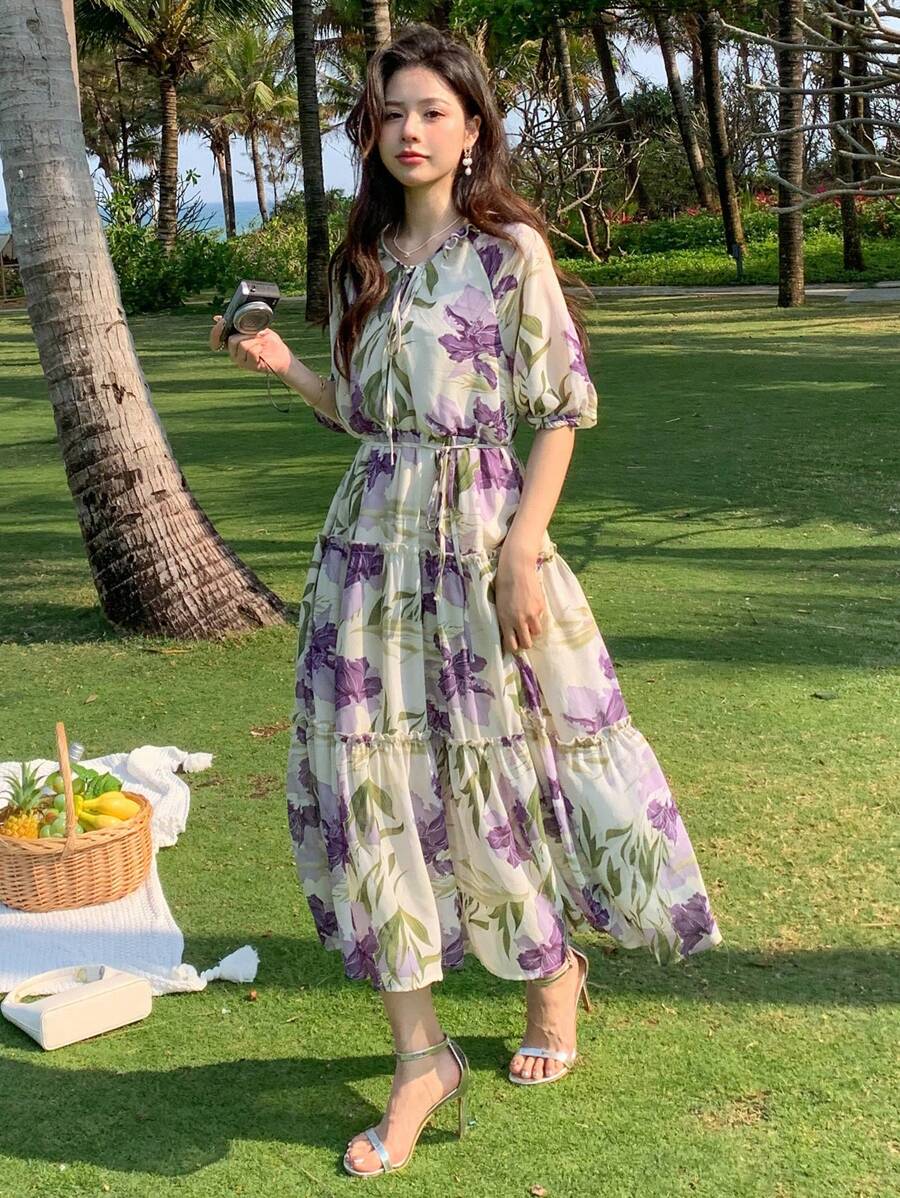 DAZY Allover Floral Print Puff Sleeve Ruffle Hem Belted Dress - Multicolor - View 1