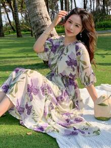 DAZY Allover Floral Print Puff Sleeve Ruffle Hem Belted Dress - Multicolor - View 4