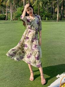 DAZY Allover Floral Print Puff Sleeve Ruffle Hem Belted Dress - Multicolor - View 6