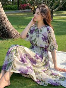 DAZY Allover Floral Print Puff Sleeve Ruffle Hem Belted Dress - Multicolor - View 7