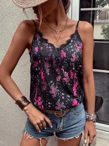 SHEIN LUNE Graphic Print Eyelash Lace Trim Cami Top - Black - View 1