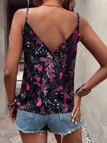 SHEIN LUNE Graphic Print Eyelash Lace Trim Cami Top - Black - View 2