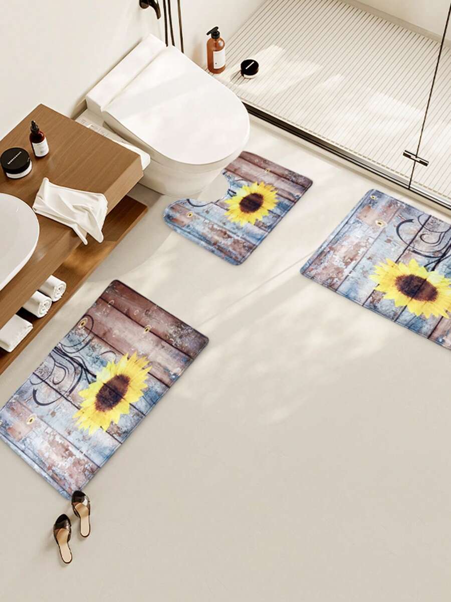 1入組向日葵圖案浴室毯或者1入組淋浴滌綸浴簾或者浴室毯 - 咖啡棕 - 查看 1