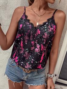 SHEIN LUNE Graphic Print Eyelash Lace Trim Cami Top - Black - View 3