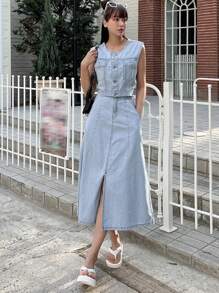 DAZY Button Front Denim Tank Top & Split Thigh Skirt - Light Wash - View 1