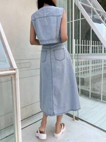 DAZY Button Front Denim Tank Top & Split Thigh Skirt - Light Wash - View 2