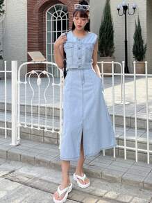 DAZY Button Front Denim Tank Top & Split Thigh Skirt - Light Wash - View 3