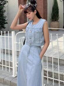 DAZY Button Front Denim Tank Top & Split Thigh Skirt - Light Wash - View 4