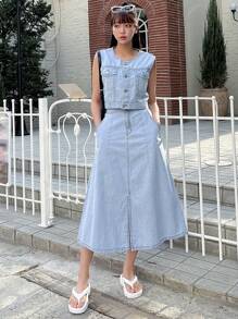 DAZY Button Front Denim Tank Top & Split Thigh Skirt - Light Wash - View 5