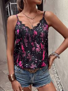 SHEIN LUNE Graphic Print Eyelash Lace Trim Cami Top - Black - View 5