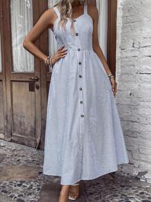 SHEIN LUNE 條紋印花前紐扣吊帶連衣裙 - 藍白色 - 查看 1