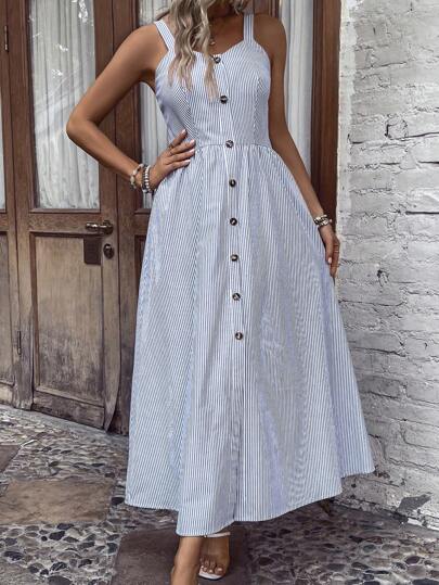 SHEIN LUNE 條紋印花前紐扣吊帶連衣裙