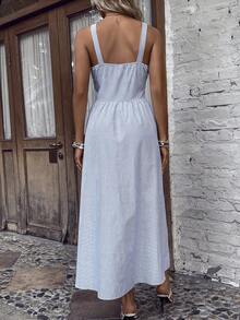 SHEIN LUNE 條紋印花前紐扣吊帶連衣裙 - 藍白色 - 查看 2