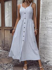 SHEIN LUNE 條紋印花前紐扣吊帶連衣裙 - 藍白色 - 查看 5