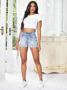 SHEIN Essnce Paperbag Waist Ripped Roll Up Hem Denim Shorts - Light Wash - View 4