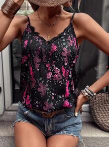 SHEIN LUNE Graphic Print Eyelash Lace Trim Cami Top - Black - View 6