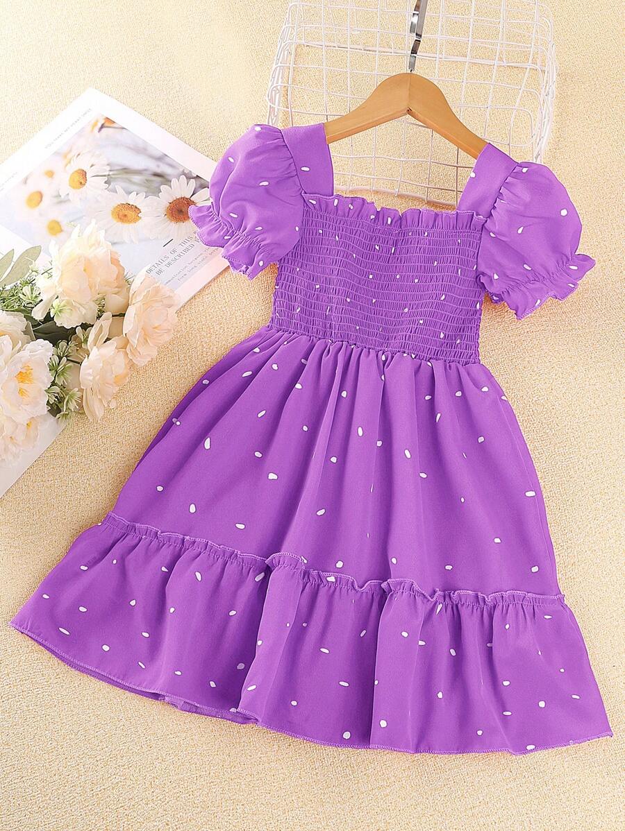 SHEIN Young Girl Dalmatian Print Ruffle Hem Shirred Dress,Holiday,Summer,Travel - Purple - View 1