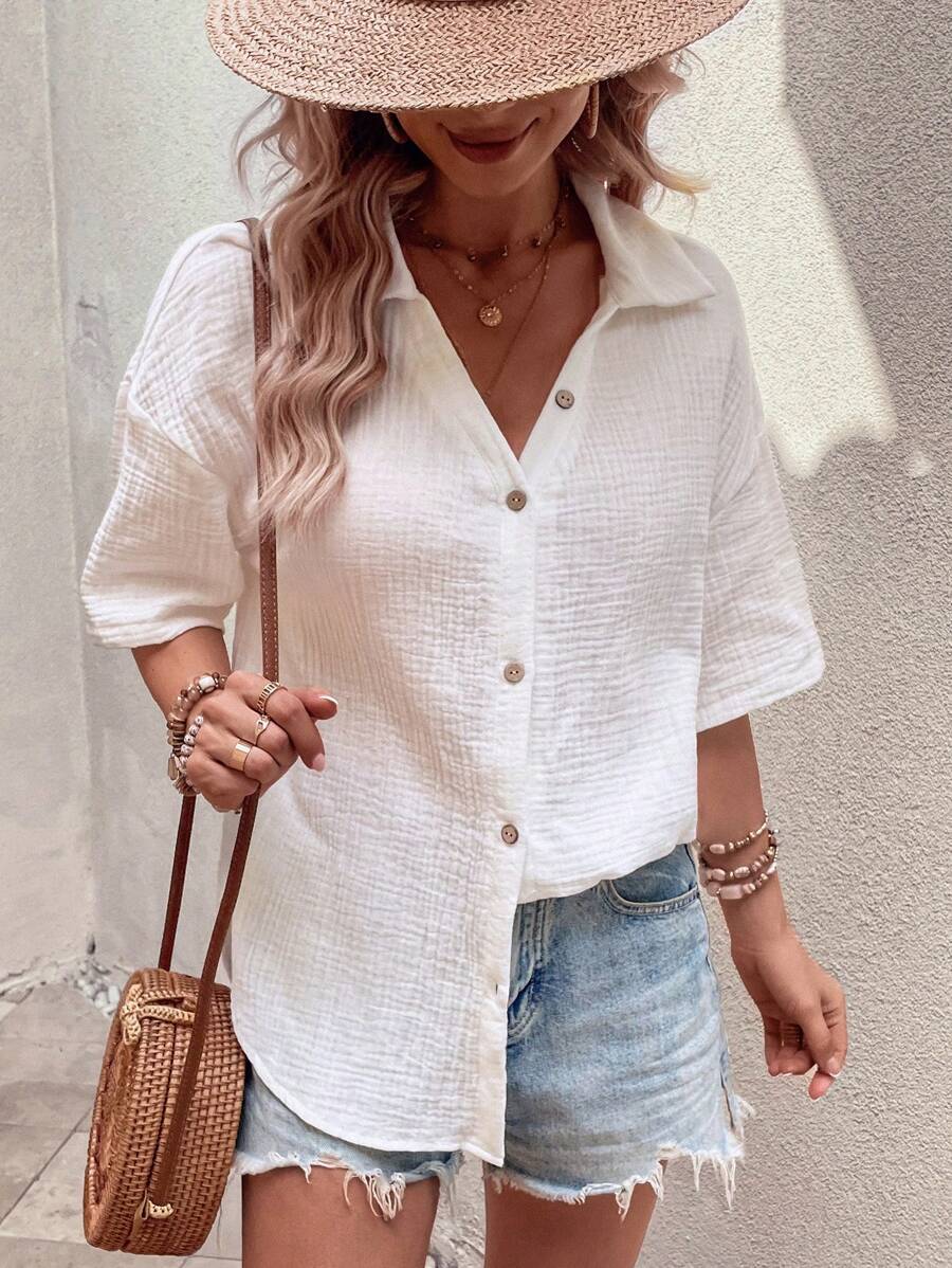 SHEIN LUNE Camisa unicolor de hombros caídos con botón delantero - Blanco - Ver 1