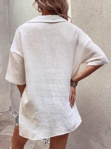 SHEIN LUNE Camisa unicolor de hombros caídos con botón delantero - Blanco - Ver 2