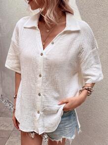 SHEIN LUNE Camisa unicolor de hombros caídos con botón delantero - Blanco - Ver 4