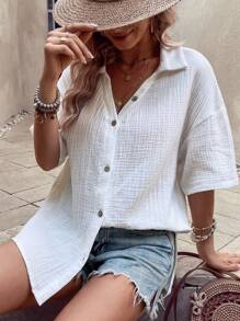SHEIN LUNE Camisa unicolor de hombros caídos con botón delantero - Blanco - Ver 6