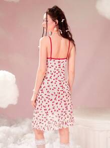 ROMWE Cherry Print Contrast Lace Ruffle Hem Cami Dress - Red and White - View 2