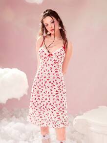 ROMWE Cherry Print Contrast Lace Ruffle Hem Cami Dress - Red and White - View 4