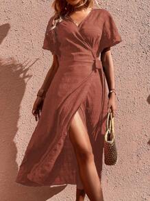 SHEIN Clasi Đầm Maxi Quấn Bên Hông Thắt Nút Rắn Trang Phục Cho Nữ - Màu hồng gỉ - Xem 6