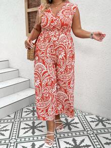 SHEIN VCAY Plus Paisley Print Wide Leg Jumpsuit - Burnt Orange - View 5