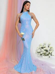 鏈條細節魚尾裙下擺亮片正式連衣裙 - 藍色 - 查看 1