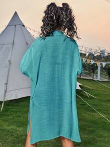Solid Button Front Split Side Kimono For Summer Beach Vacation - Teal Blue - View 2