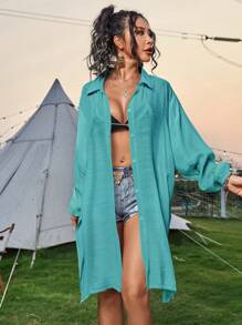Solid Button Front Split Side Kimono For Summer Beach Vacation - Teal Blue - View 3