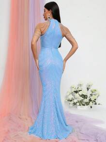 鏈條細節魚尾裙下擺亮片正式連衣裙 - 藍色 - 查看 2