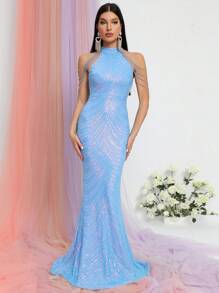 鏈條細節魚尾裙下擺亮片正式連衣裙 - 藍色 - 查看 5