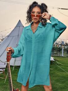 Solid Button Front Split Side Kimono For Summer Beach Vacation - Teal Blue - View 5