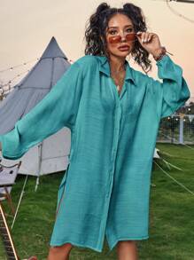 Solid Button Front Split Side Kimono For Summer Beach Vacation - Teal Blue - View 7