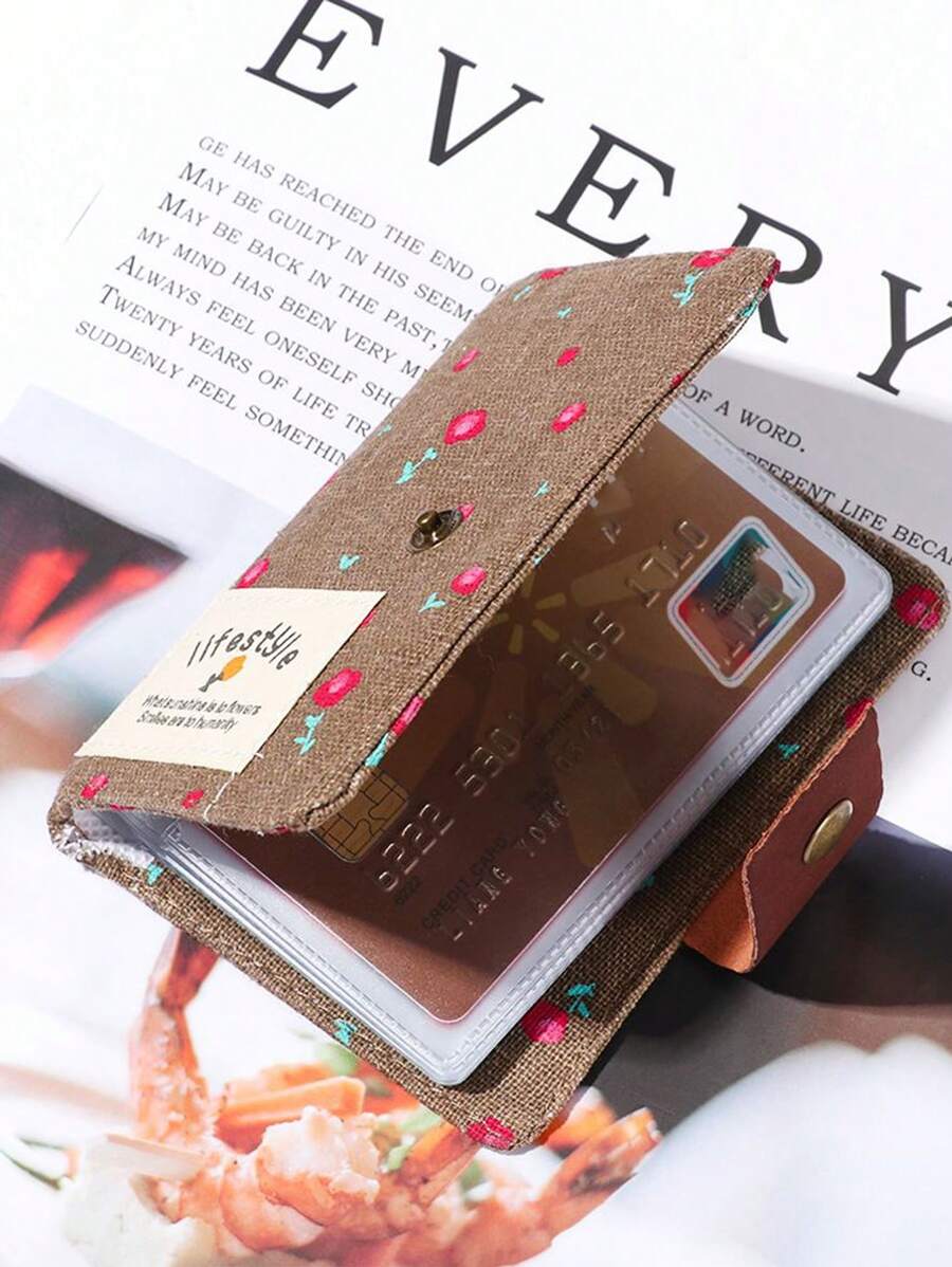 田园风花卉帆布卡包 卡片夹 钱包 名片夹 信用卡夹 女士卡片夹 女士照片卡夹 迷你钱包 卡片钱包 - 咖啡棕 - 查看 1