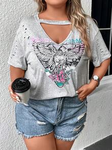 SHEIN LUNE 大碼花卉圖案和老鷹印花鏤空落肩T恤 - 灰色 - 查看 6