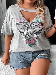 SHEIN LUNE 大碼花卉圖案和老鷹印花鏤空落肩T恤 - 灰色 - 查看 8