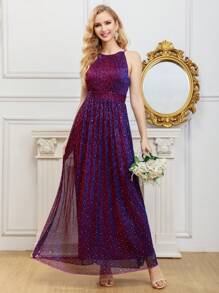 Váy phù dâu Tương phản Mesh màu trơn - Màu tím - Xem 1