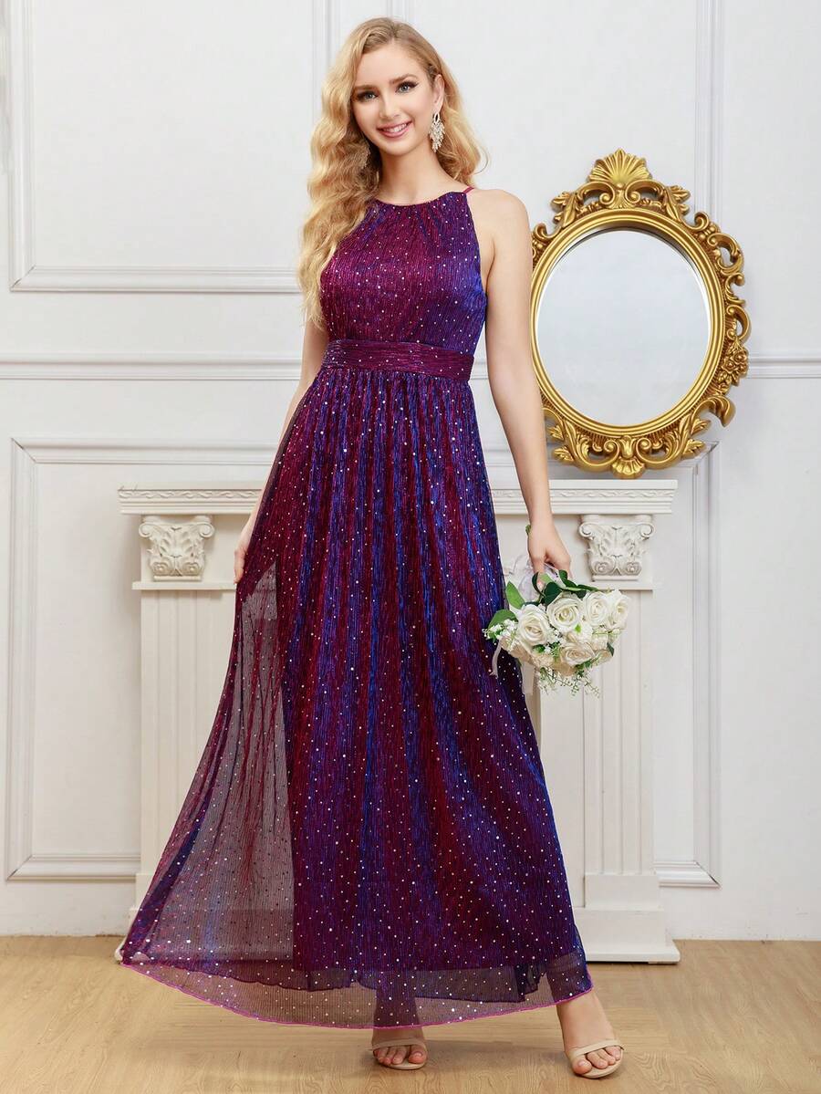 Váy phù dâu Tương phản Mesh màu trơn - Màu tím - Xem 1