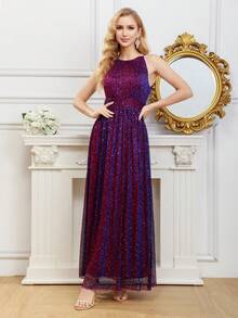 Váy phù dâu Tương phản Mesh màu trơn - Màu tím - Xem 4