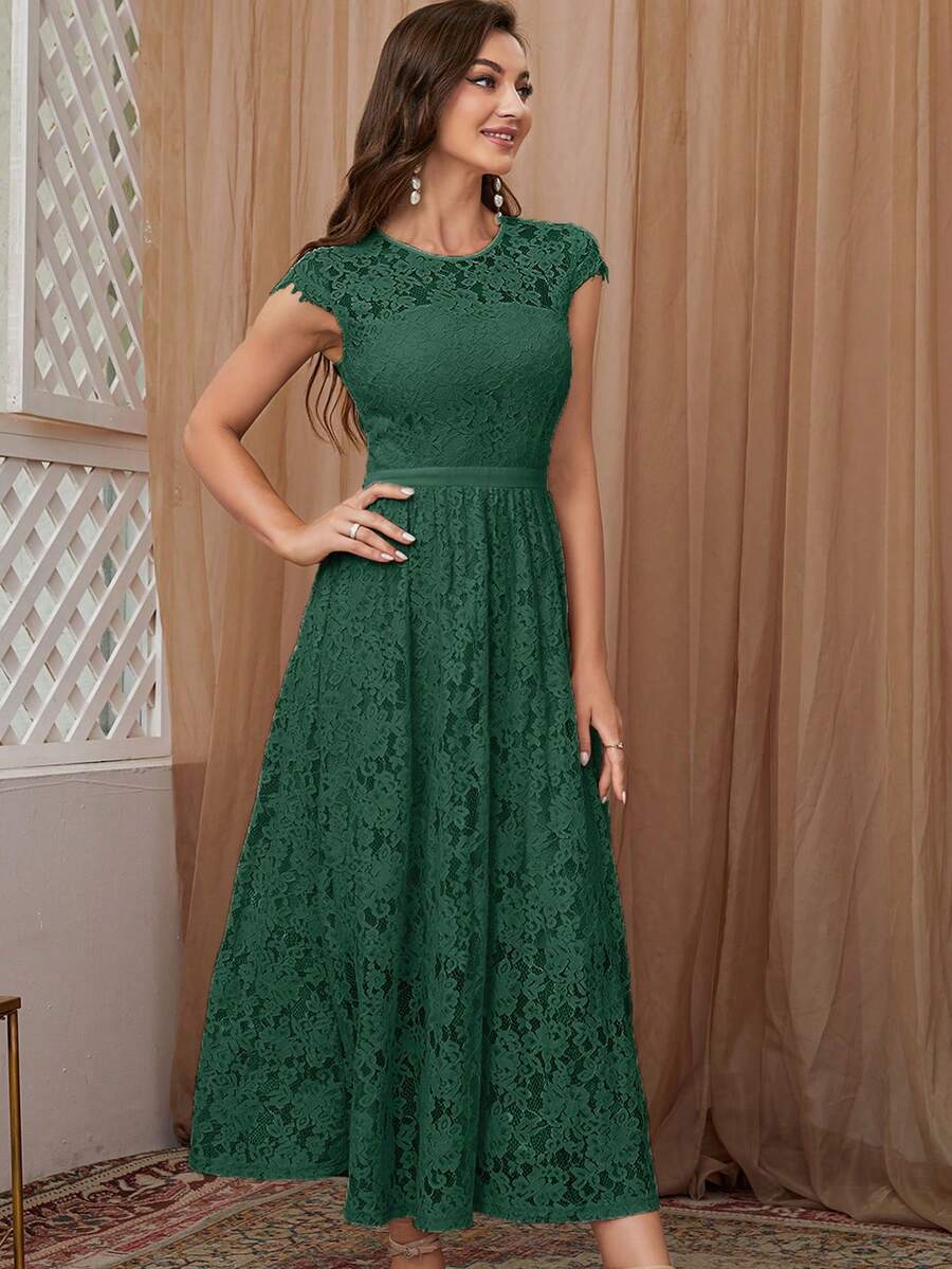 Vestido línea A unicolor con encaje - Verde Oscuro - Ver 1