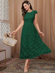 Vestido línea A unicolor con encaje - Verde Oscuro - Ver 3