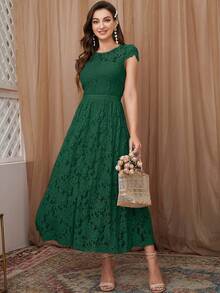 Vestido línea A unicolor con encaje - Verde Oscuro - Ver 4