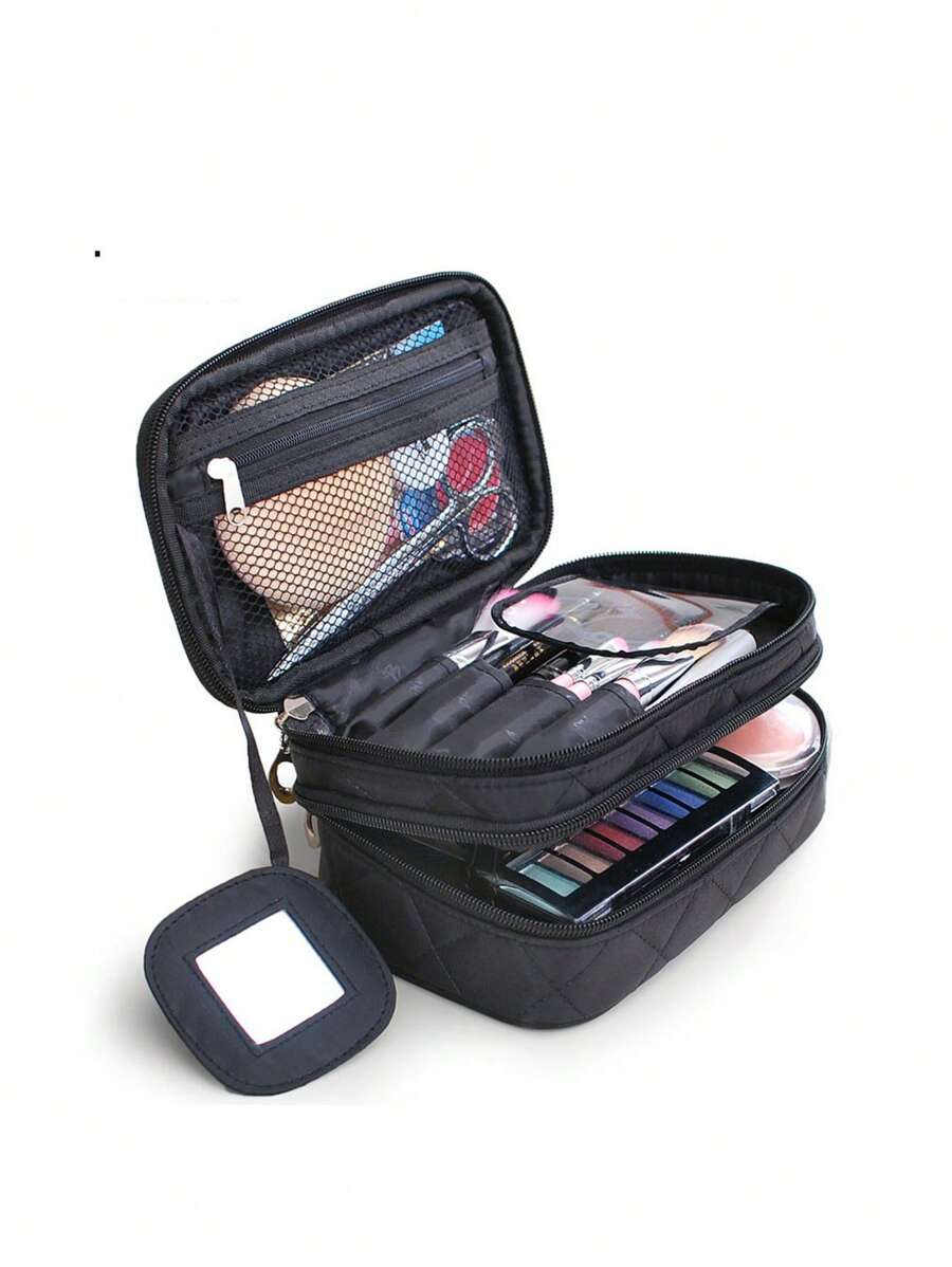 旅行男女化妝包雙層方便收納盥洗包化妝包化妝收納盒化妝收納化妝袋化妝盒女孩化妝工具媽媽媽媽媽媽感恩節禮物 - 黑色 - 查看 1