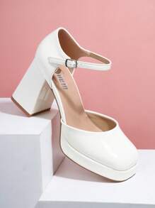 Vegan Leather Block Heel Mary Jane Pumps - Beige - View 2