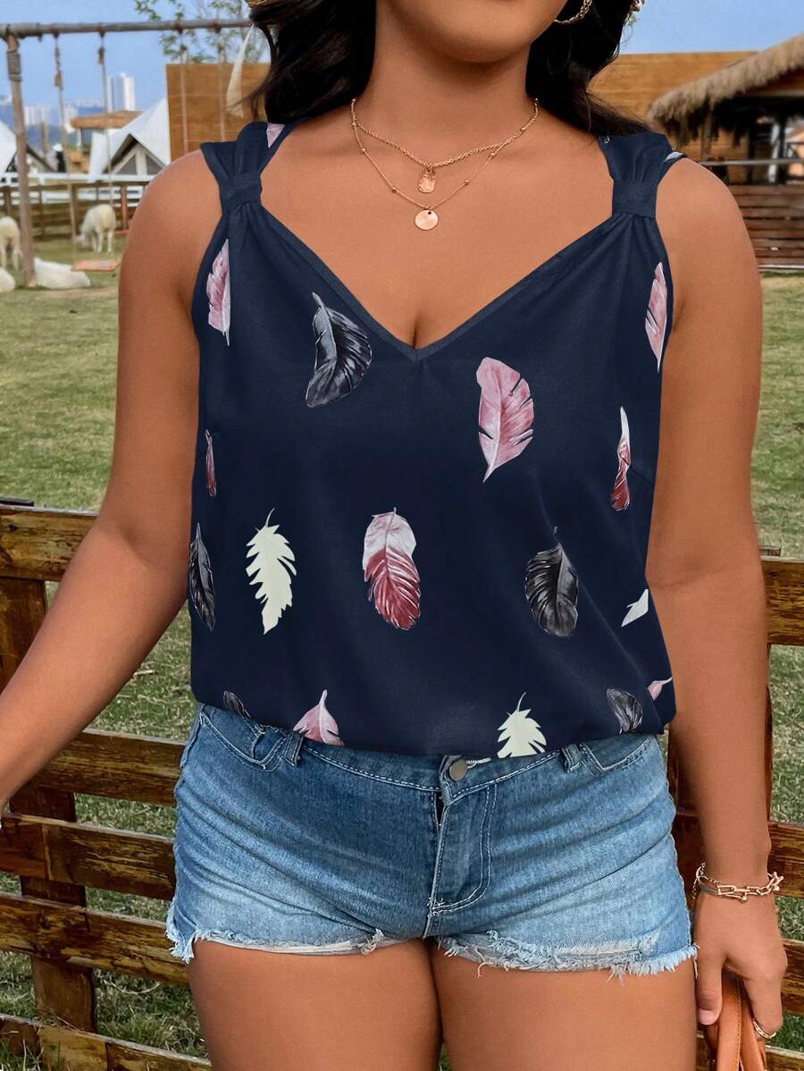 SHEIN LUNE 大碼羽毛印花背心上衣 - 藏蓝色 - 查看 1