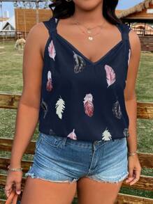 SHEIN LUNE 大碼羽毛印花背心上衣 - 藏蓝色 - 查看 3