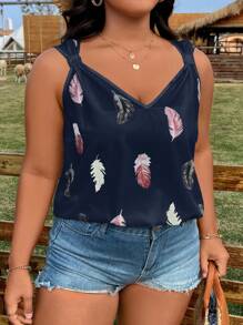 SHEIN LUNE 大碼羽毛印花背心上衣 - 藏蓝色 - 查看 4